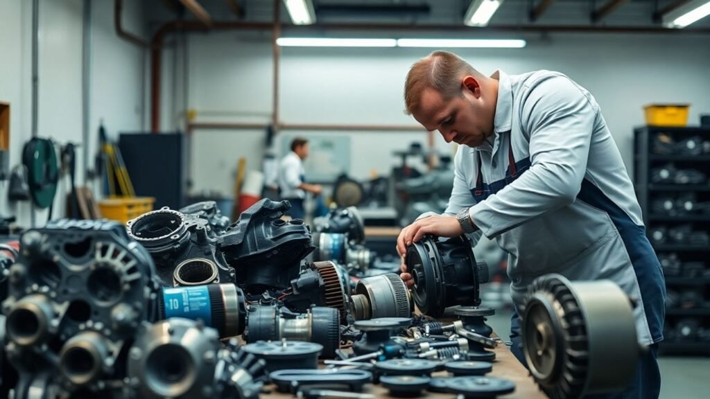 Mechanic inspecting genuine car engine parts on workbench