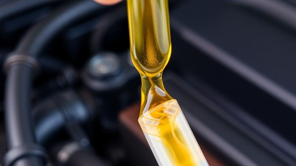 Car engine oil dipstick with clean golden oil.