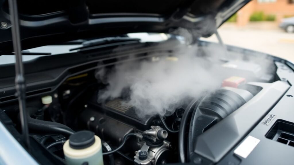 Car engine overheating with steam from radiator