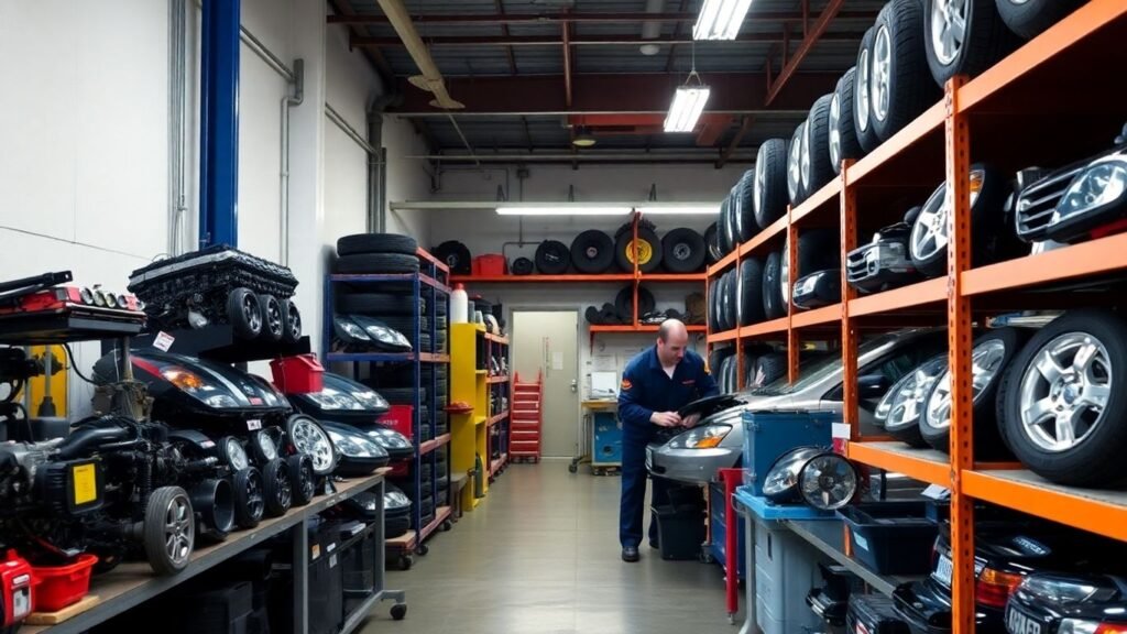 Car parts and mechanic in workshop.