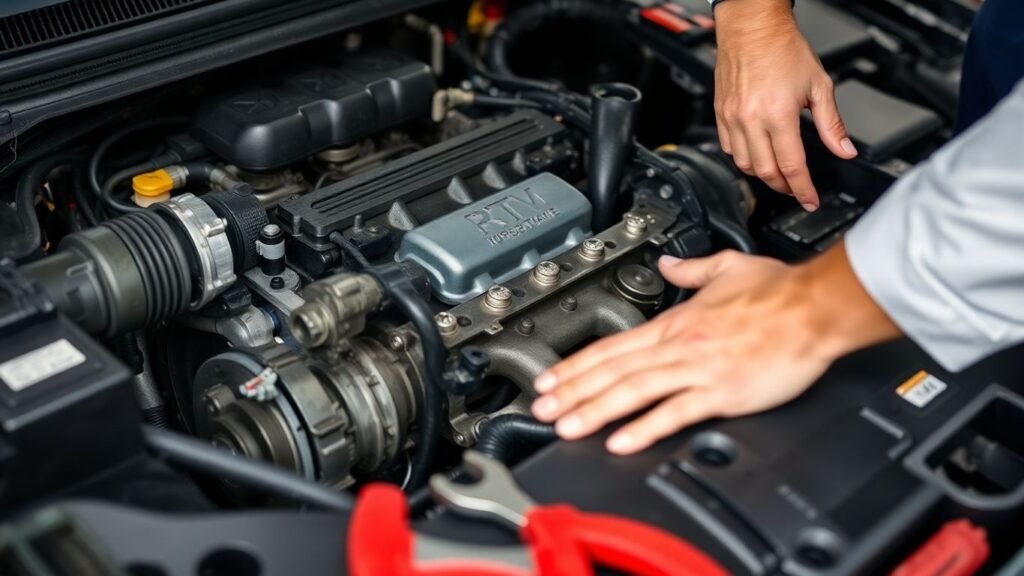 Car engine with tools for repair and maintenance.