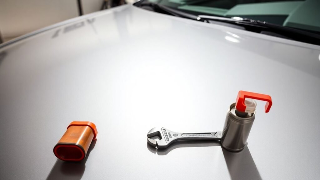 Car maintenance tools and a clean vehicle.