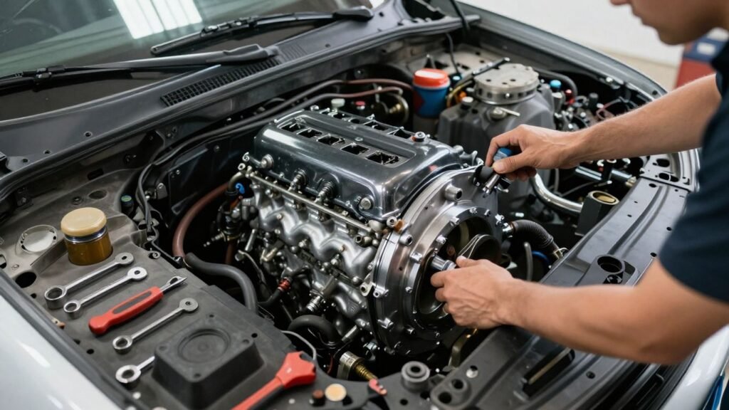 Mechanic installing a used car engine in Adelaide.