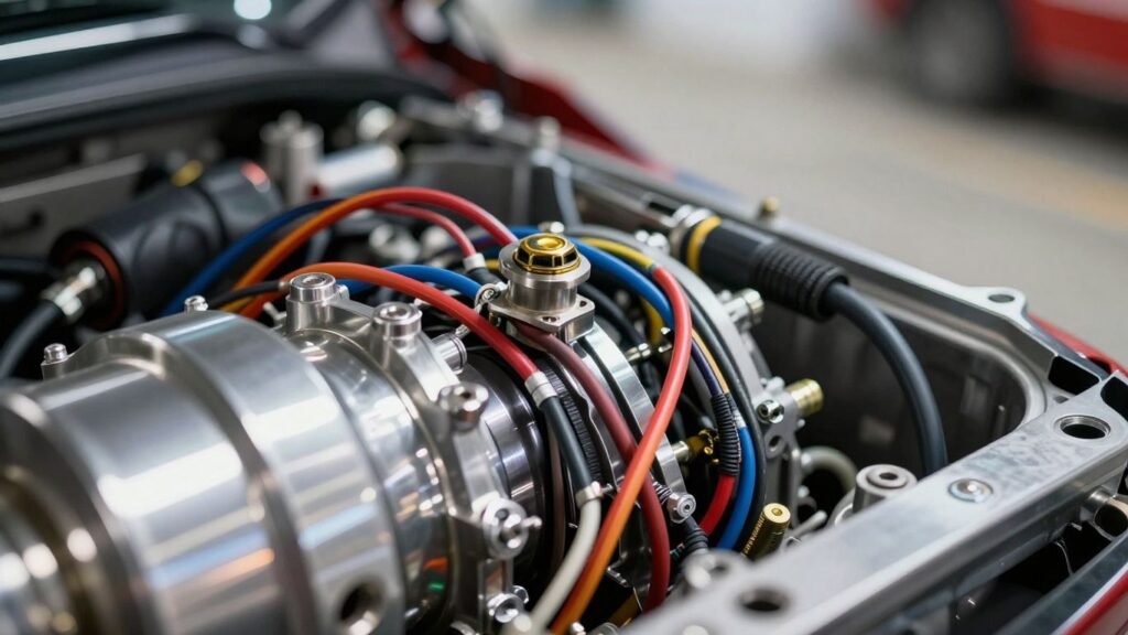 Close-up of a powerful, gleaming car engine.