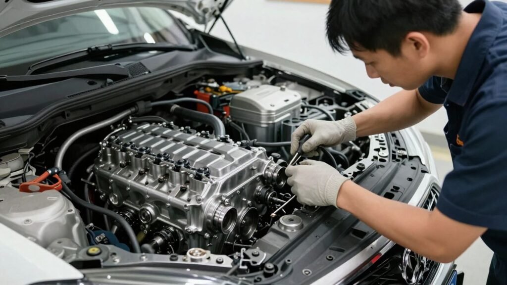 Mechanic installing engine in Geelong workshop.