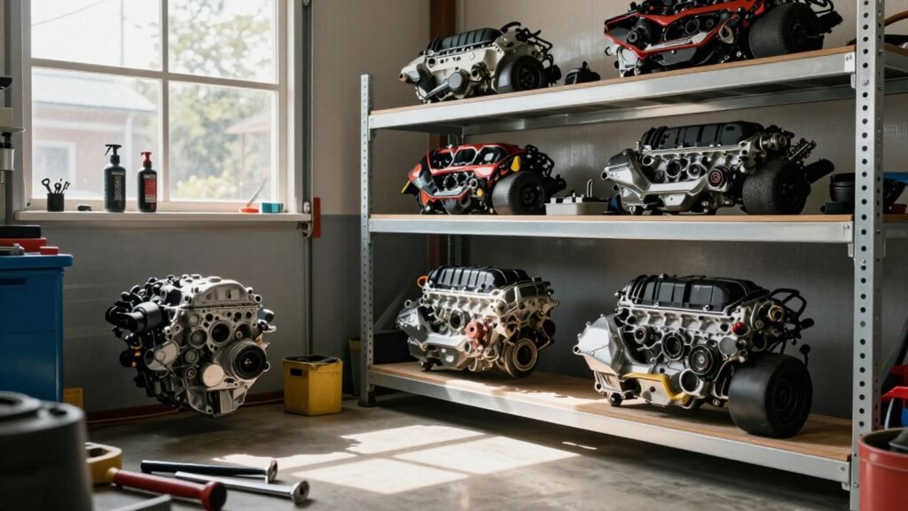 Used car engines displayed in a sunny workshop.