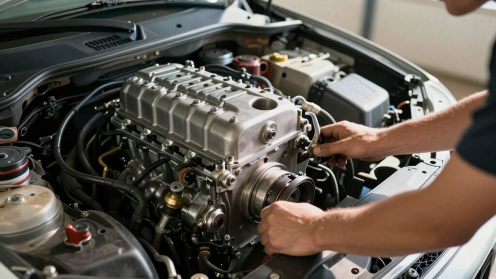 Mechanic inspecting a car engine in a garage.
