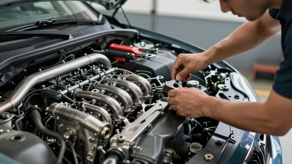 Mechanic inspecting a car engine in a garage.