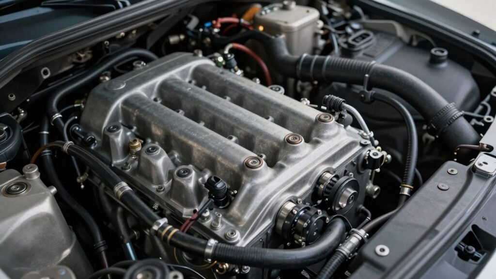 Clean car engine with visible metal parts and wires.