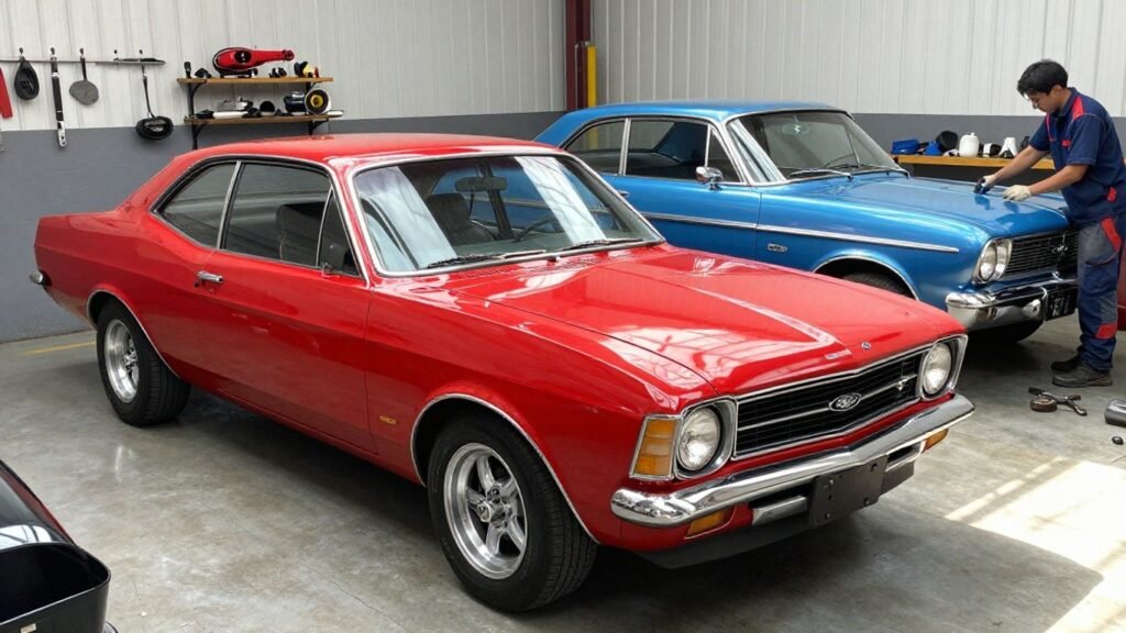 Holden and Ford cars being serviced by mechanics.