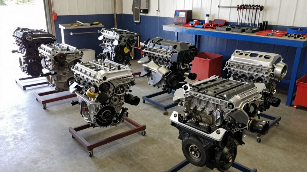 Used car engines displayed in a workshop.