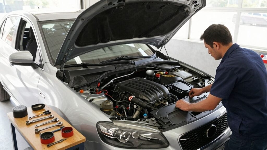 Mechanics replacing car engine in Dandenong garage.