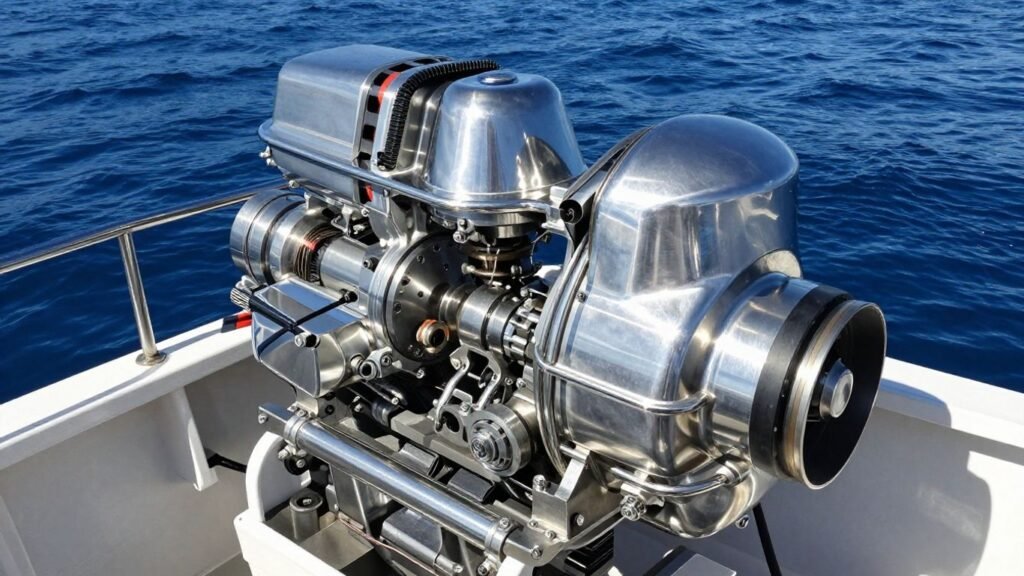 Powerful marine engine on a boat with blue water background.