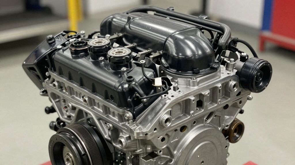 Jeep engine close-up, mechanical detail, workshop setting.