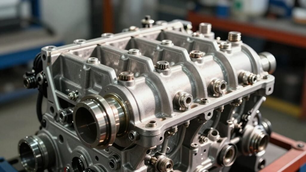 Diesel engine part with workshop background